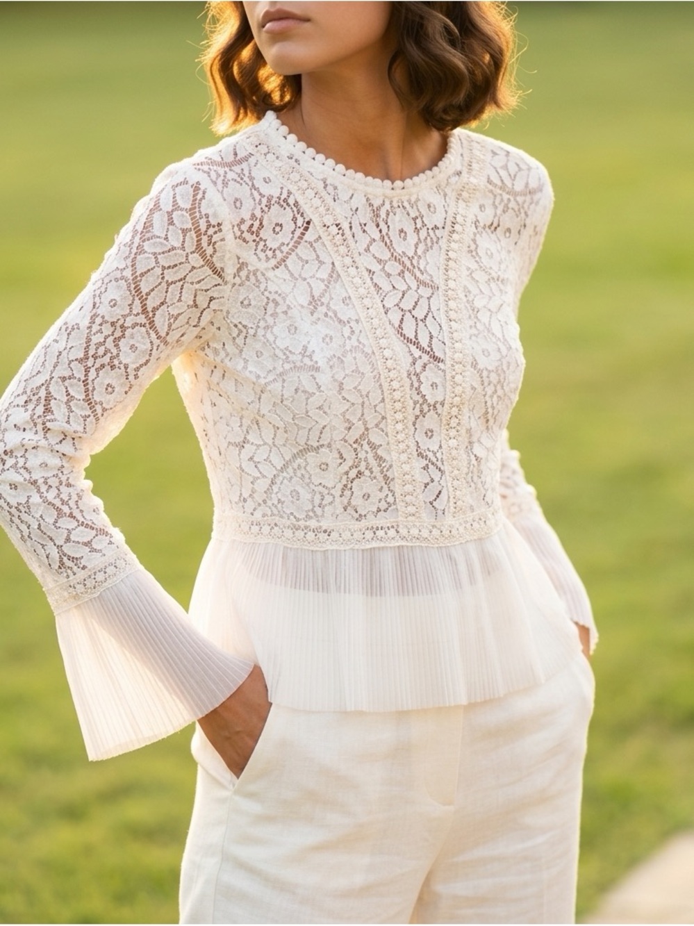 Blue B Collection Ivory Lace Peplum Long-Sleeve Top